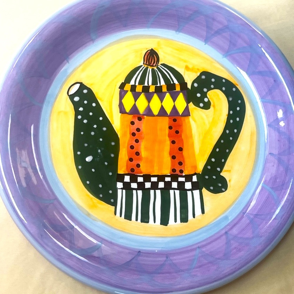 Two 12” Vibrant Ceramic Art Plate with Checkered Teapot Design Plates Unsigned
